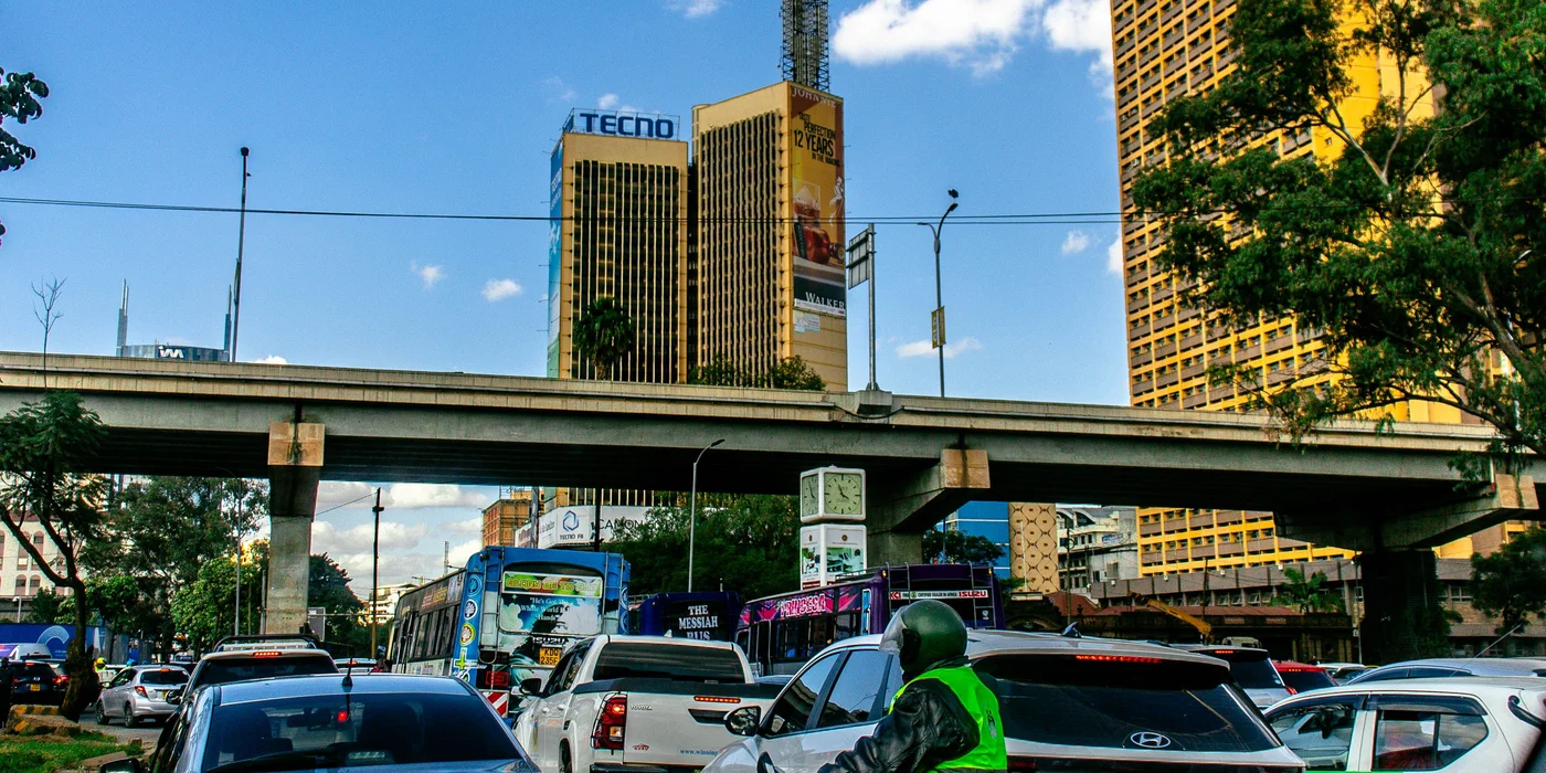 Nairobi CBD traffic and skyline — chauffeur-driven car hire in Nairobi from Barguts Tours