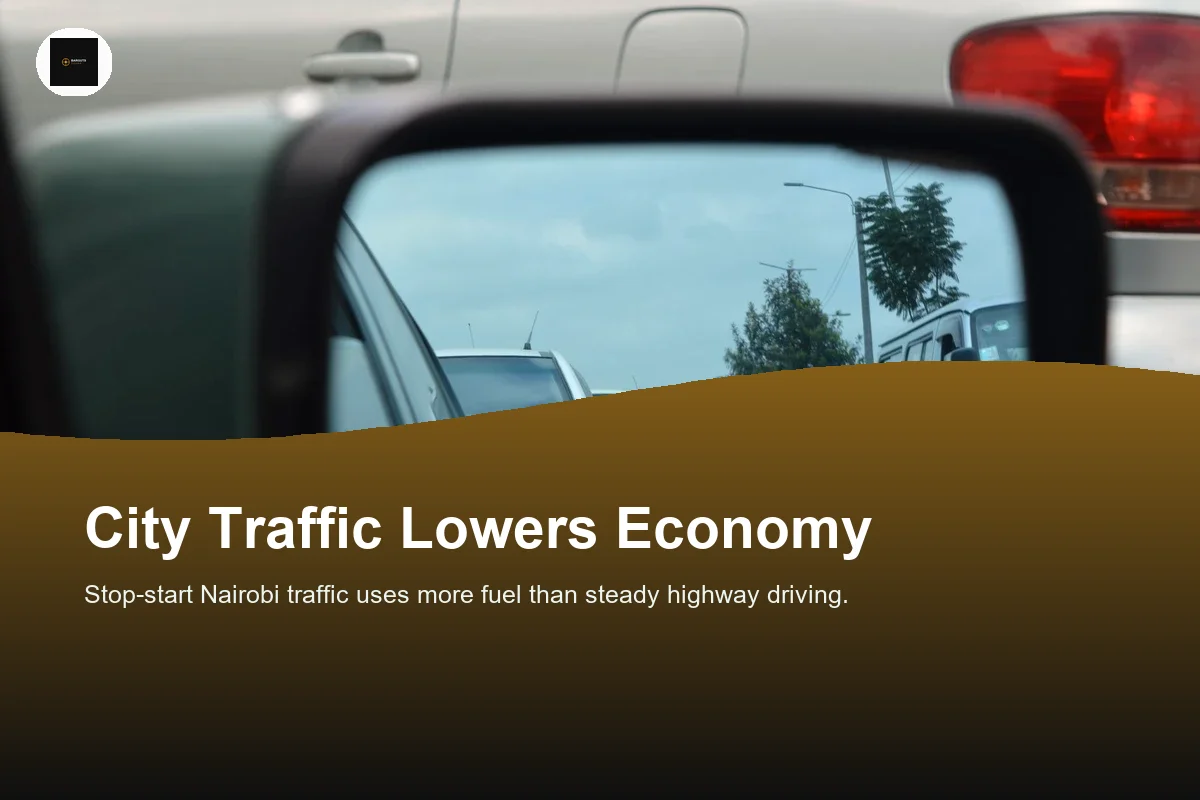 Reflection of a busy traffic jam in Nairobi captured through a car's