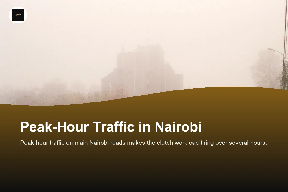 Vehicles lined up in a foggy traffic jam, city skyline barely visible