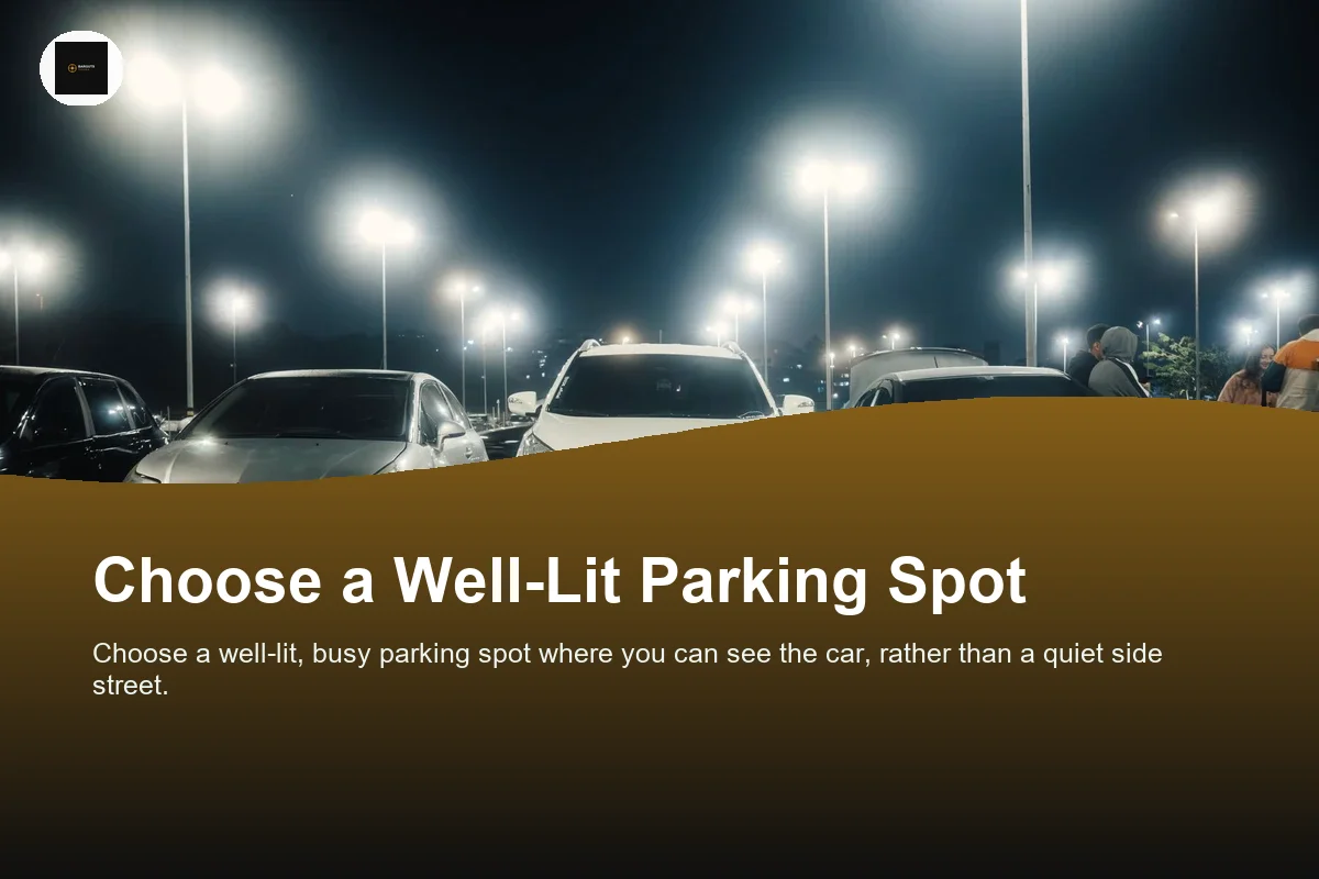 Night scene in a well-lit parking lot featuring various parked cars and